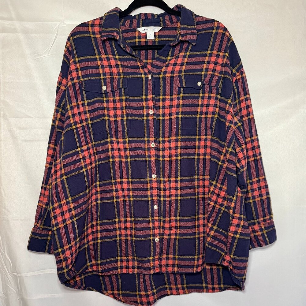 Old Navy Boyfriend Flannel Shirt Women 2XL Navy Pink Plaid Long Sleeve Button Up